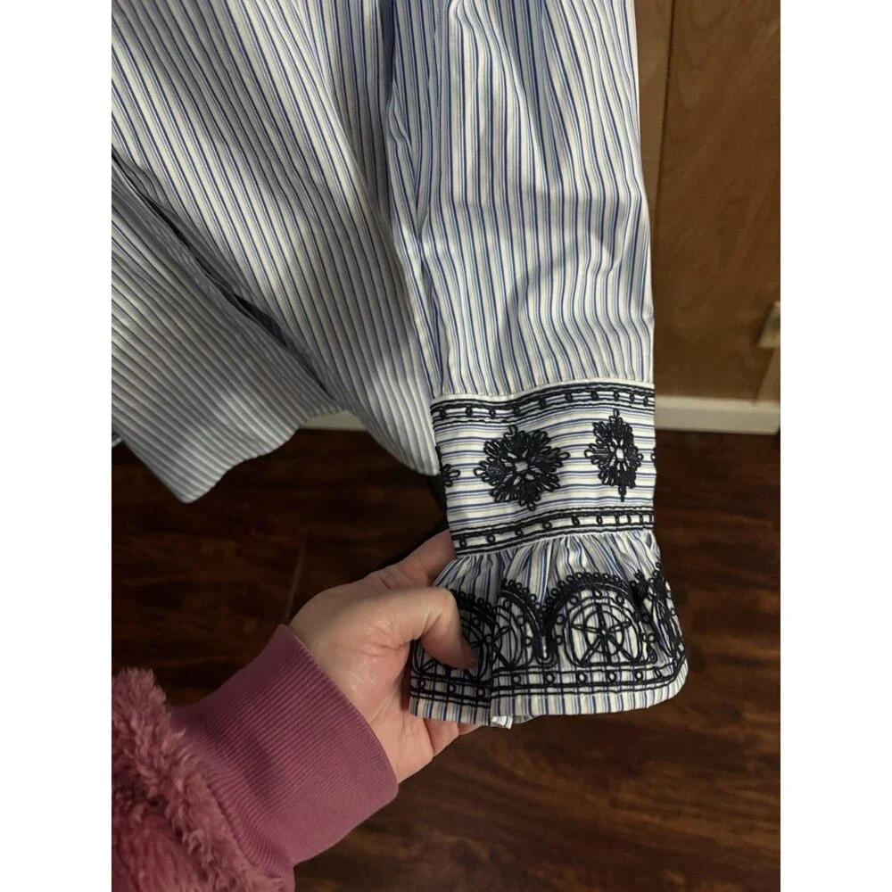 Tory Burch Blue White Pinstripe Cotton Paige‎ Top Bell Sleeves Size 12 NWT